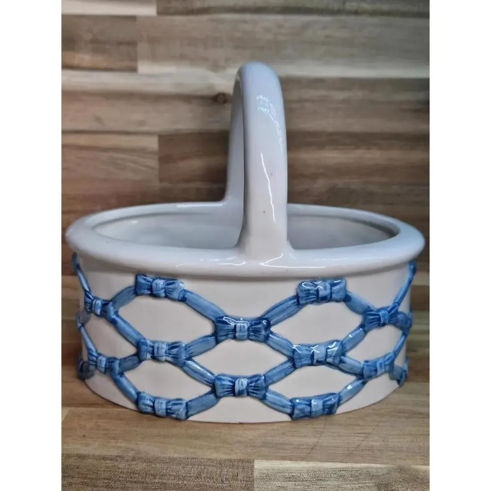 Vintage Italian Ceramic Lattice Basket Blue Woven Pottery 7" Tall Spring/Easter - Picture 5 of 15